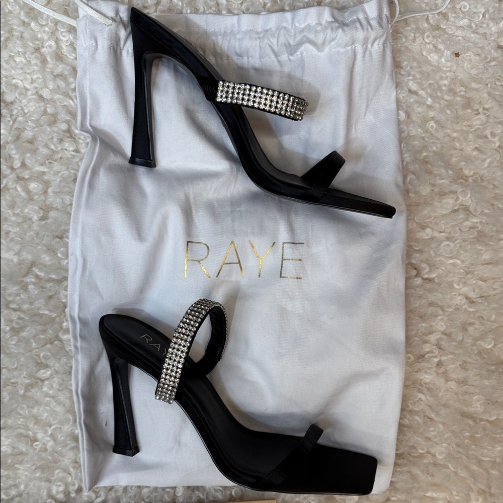 🪣🧽 RAYE Artemis Heel Open-Toed Black Satin Heels with Crystal Strap Size 9 - Picture 7 of 8